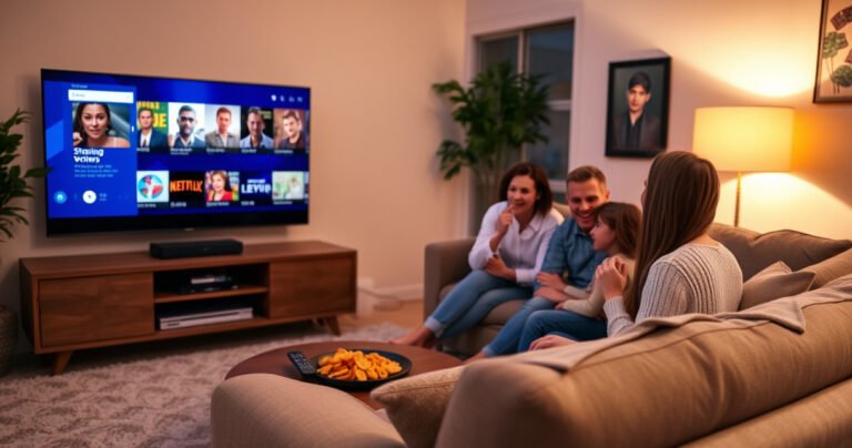 A cozy living room with a large smart TV displaying vibrant streaming apps, a remote control on a plush sofa, a warm glow from a nearby lamp, snacks on a coffee table, and a family gathered, excitedly discussing their favorite shows, creating an inviting atmosphere of entertainment and technology.