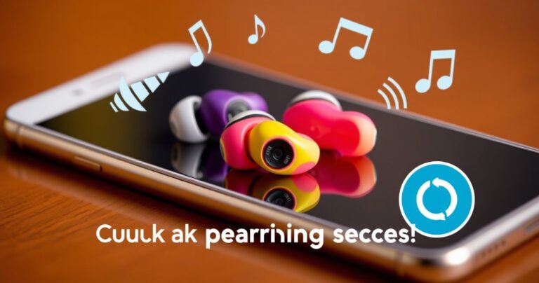 A close-up of vibrant Skullcandy earbuds resting on a sleek, modern smartphone, with soft light illuminating the colorful designs. Surrounding them are playful sound waves and digital icons symbolizing connectivity, creating an energetic and tech-savvy atmosphere, perfect for a guide on quick pairing steps.