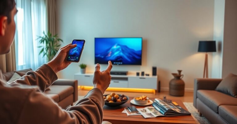 A modern living room featuring a sleek smart TV, glowing softly, surrounded by cozy furnishings. A user is reaching towards the TV with a smartphone in hand, casting a bright light. A warm ambiance fills the space, with a coffee table cluttered with snacks and magazines, inviting a casual tech-savvy atmosphere.