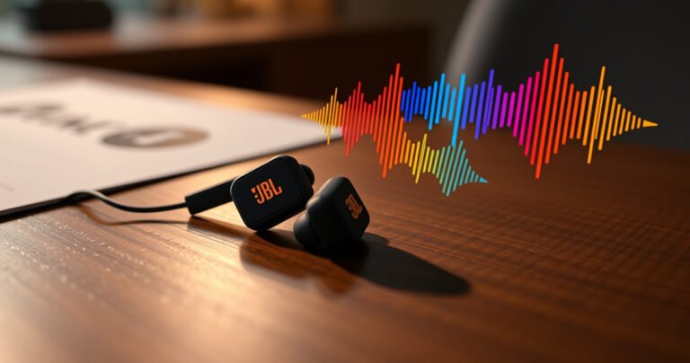 A close-up view of vibrant JBL earbuds resting on a sleek wooden table, surrounded by colorful soundwave illustrations and notes on volume control. Soft, ambient lighting highlights the modern design of the earbuds, while energetic soundwave patterns visually represent the boost in audio, creating an engaging atmosphere that invites readers to explore sound enhancement.