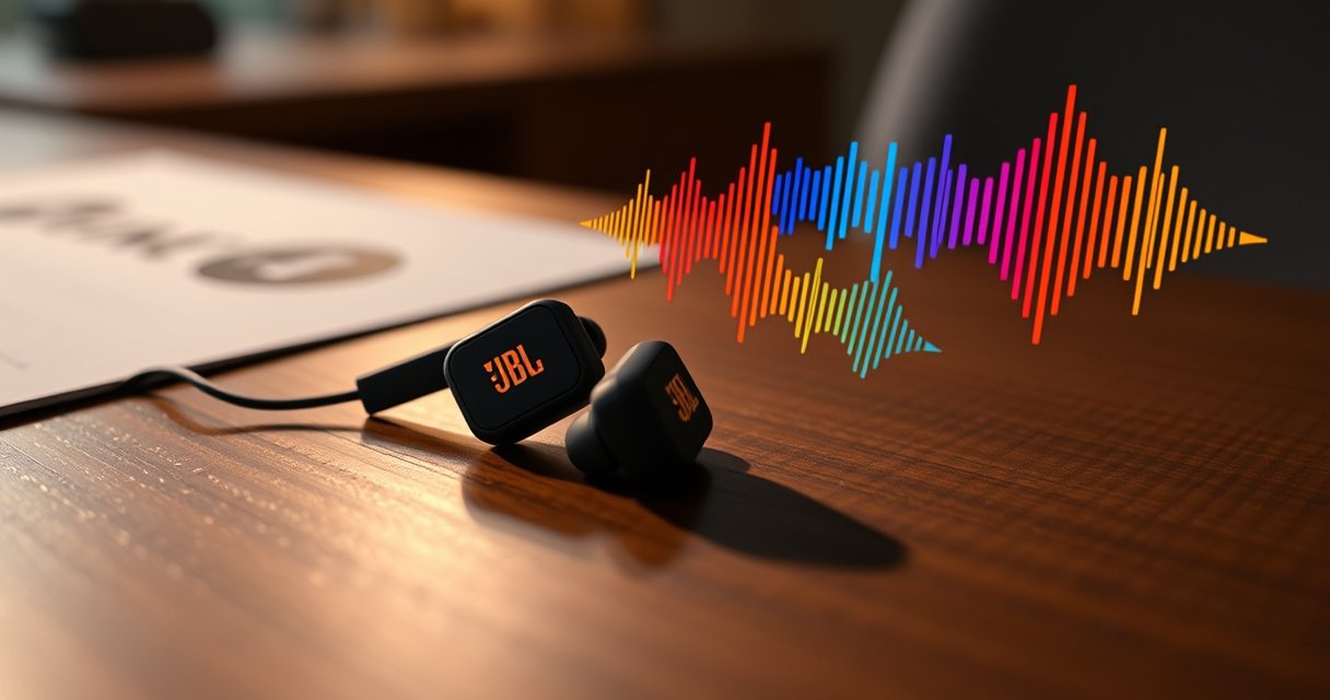 A close-up view of vibrant JBL earbuds resting on a sleek wooden table, surrounded by colorful soundwave illustrations and notes on volume control. Soft, ambient lighting highlights the modern design of the earbuds, while energetic soundwave patterns visually represent the boost in audio, creating an engaging atmosphere that invites readers to explore sound enhancement.