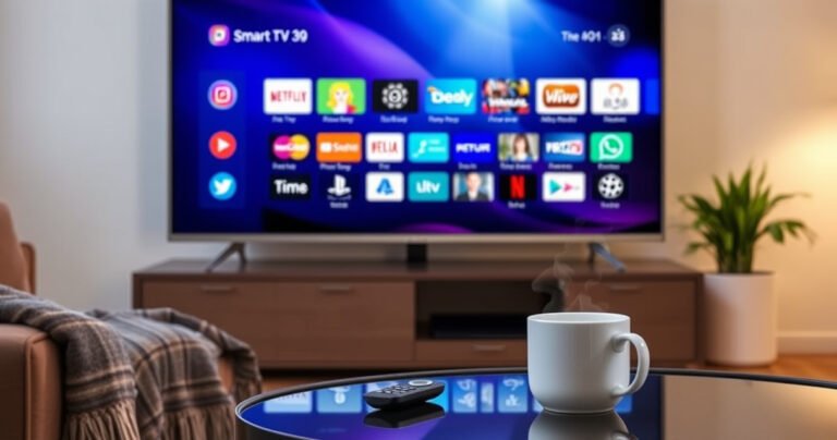 A sleek, modern Samsung Smart TV displays a vibrant interface filled with colorful app icons, surrounded by a cozy living room atmosphere. Soft lighting highlights a comfortable sofa with a stylish throw blanket, while a remote control rests on a coffee table adorned with a steaming mug of tea, inviting viewers to seamlessly explore their entertainment options.
