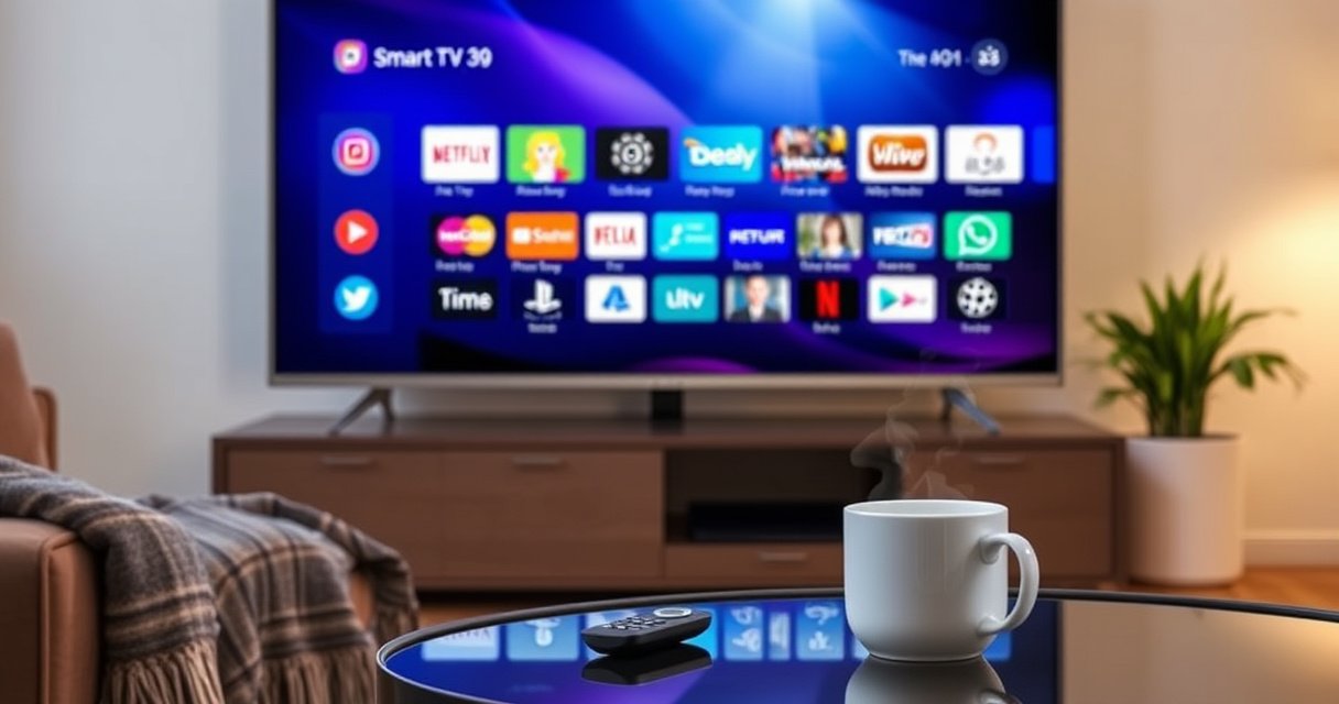 A sleek, modern Samsung Smart TV displays a vibrant interface filled with colorful app icons, surrounded by a cozy living room atmosphere. Soft lighting highlights a comfortable sofa with a stylish throw blanket, while a remote control rests on a coffee table adorned with a steaming mug of tea, inviting viewers to seamlessly explore their entertainment options.