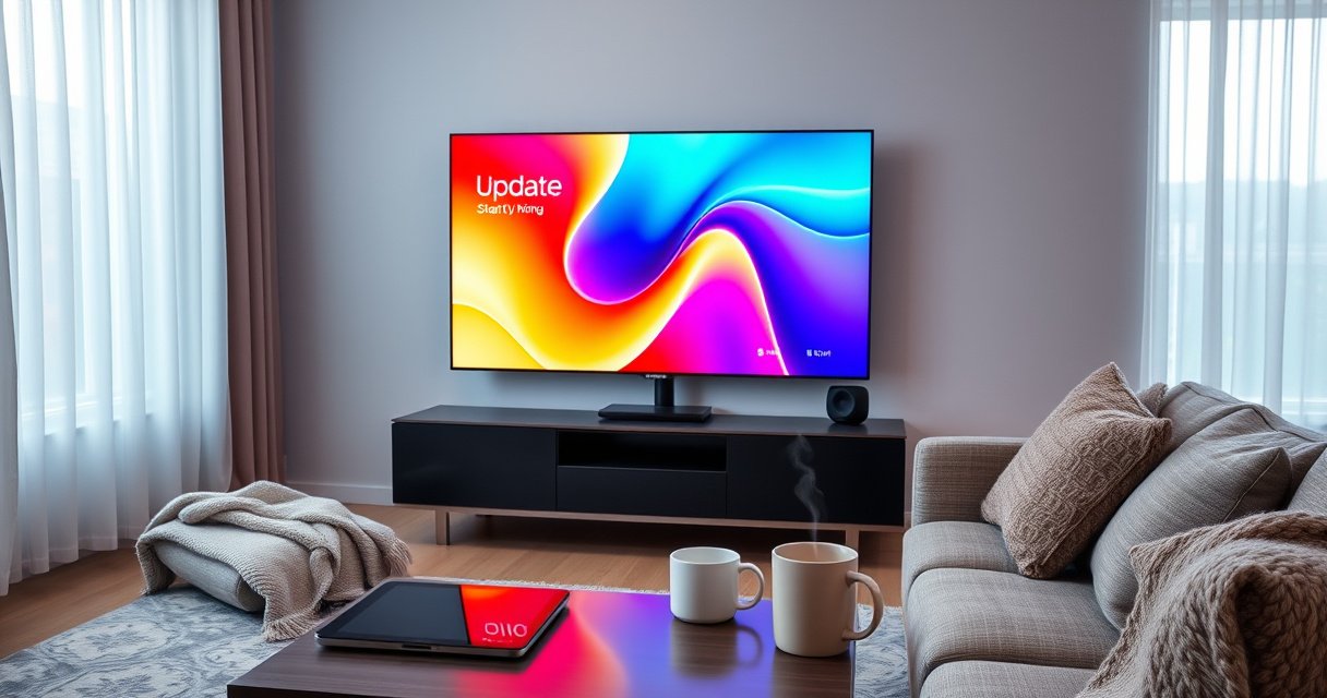 A sleek modern living room featuring a vibrant Samsung Smart TV displaying a colorful update screen. Soft natural light filters through sheer curtains, illuminating a cozy sofa with a plush throw blanket. A coffee table is adorned with a tablet and a steaming mug, symbolizing technology and comfort in a digital home environment.