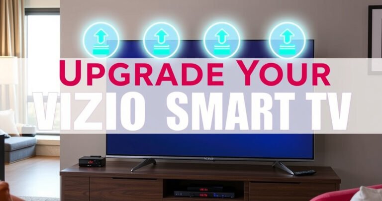 A sleek Vizio Smart TV displayed on a modern entertainment center, surrounded by colorful remote controls and digital devices, with glowing upgrade icons floating above it. Bright, bold text overlays the image, reading "Upgrade Your Vizio Smart TV", while a cozy living room ambiance sets the scene, featuring stylish decor and warm lighting.