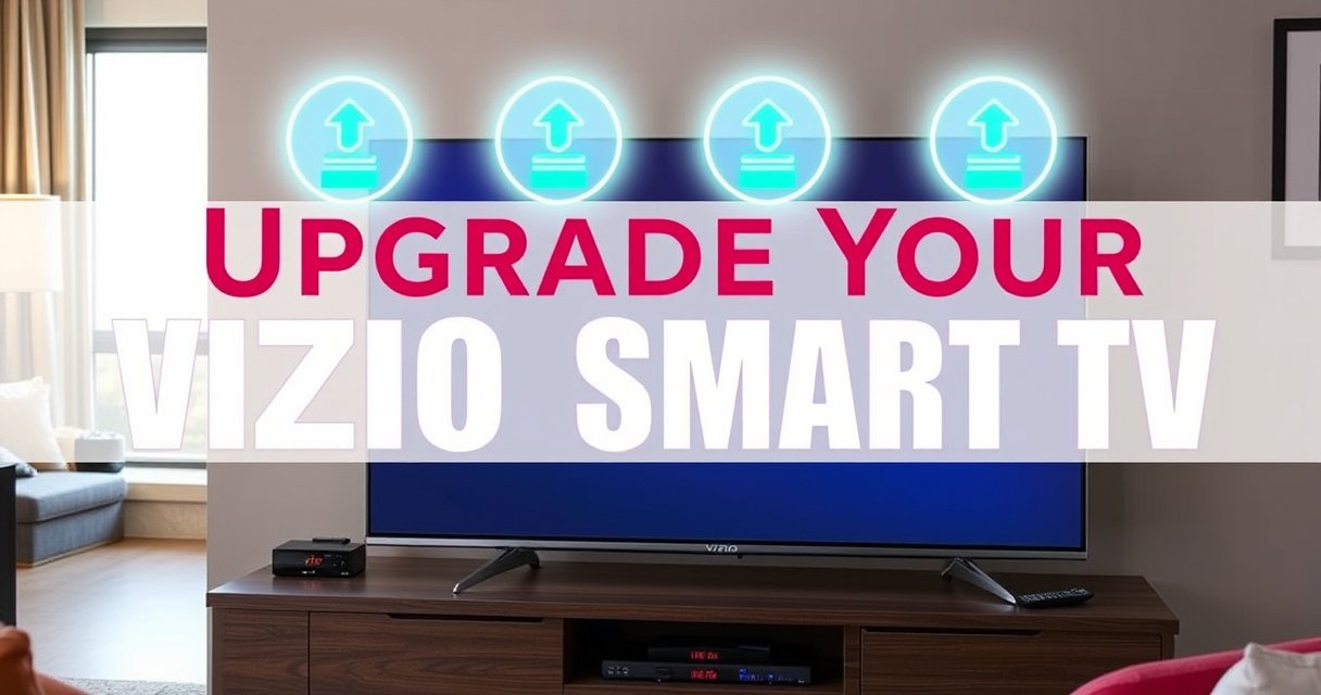 A sleek Vizio Smart TV displayed on a modern entertainment center, surrounded by colorful remote controls and digital devices, with glowing upgrade icons floating above it. Bright, bold text overlays the image, reading "Upgrade Your Vizio Smart TV", while a cozy living room ambiance sets the scene, featuring stylish decor and warm lighting.