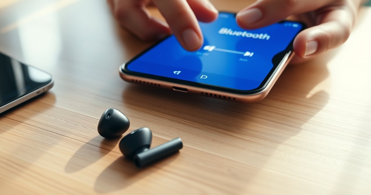 A close-up of sleek, modern earbuds resting on a minimalist wooden desk, with an iPhone displaying a vibrant Bluetooth setup screen. Soft natural light bathes the scene, highlighting the seamless connection between technology and simplicity, while a pair of hands gently adjusting the iPhone's volume controls adds a dynamic touch.