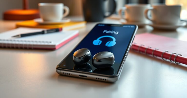 A close-up of sleek Samsung earbuds nestled elegantly on a modern desk, surrounded by a smartphone displaying the pairing screen. Soft ambient light casts gentle shadows, highlighting the earbuds' glossy surface, while hints of a vibrant workspace with notebooks and coffee cups create an inviting atmosphere, evoking a sense of connectivity and modern lifestyle.