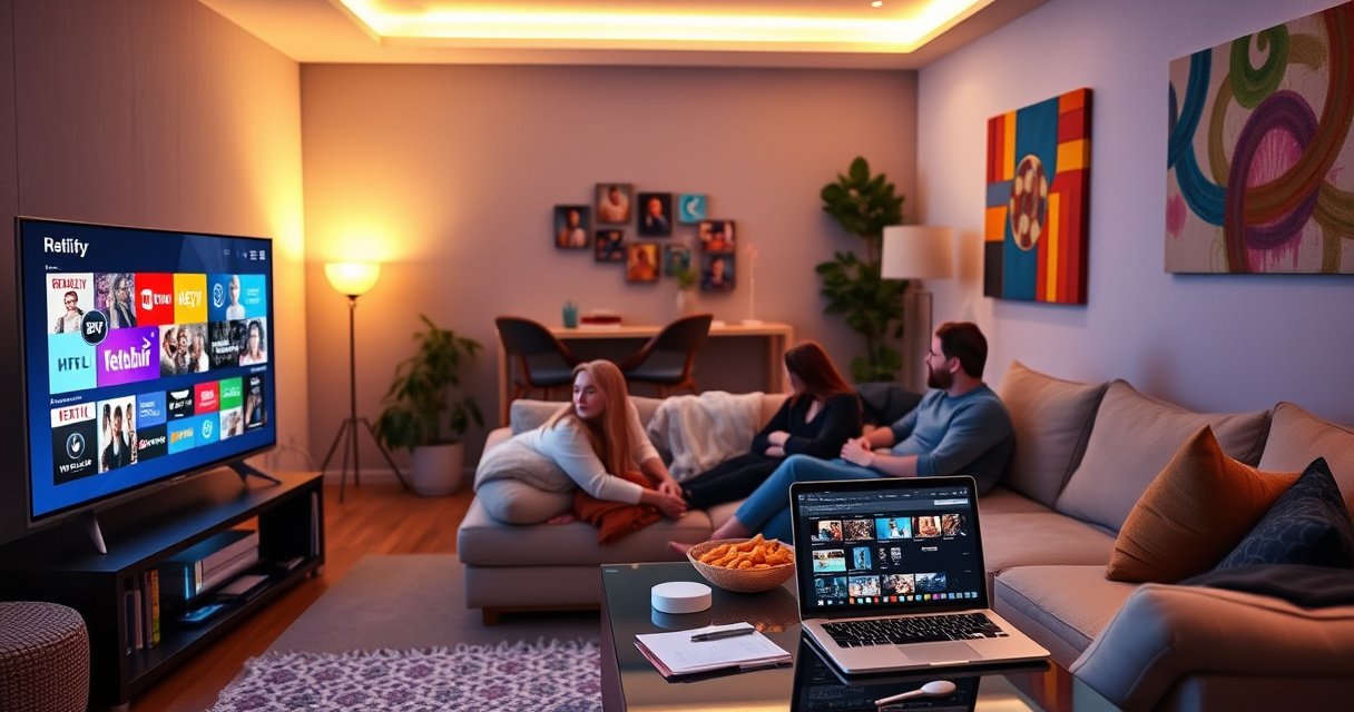 A cozy living room with a sleek smart TV displaying vibrant streaming icons, a family gathered on a plush sofa, surrounded by snacks and blankets, warm ambient lighting casting a welcoming glow, a laptop open on a coffee table showing online streaming services, and colorful wall art reflecting a modern, tech-savvy lifestyle.
