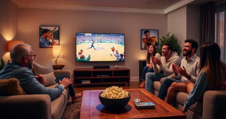 A cozy living room with a sleek Hulu-equipped smart TV displaying vibrant live sports, a plush sofa with fluffy pillows, a bowl of popcorn on a wooden coffee table, warm ambient lighting, and family members laughing and cheering, surrounded by modern decor, capturing the essence of an engaging movie night at home.