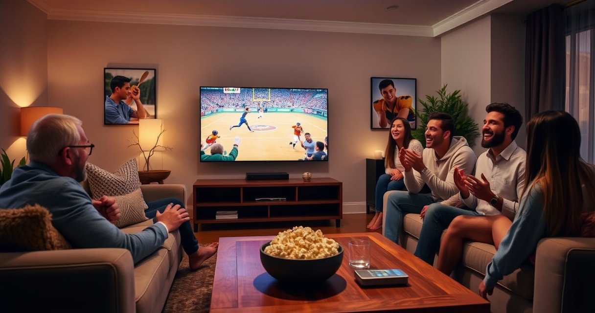 A cozy living room with a sleek Hulu-equipped smart TV displaying vibrant live sports, a plush sofa with fluffy pillows, a bowl of popcorn on a wooden coffee table, warm ambient lighting, and family members laughing and cheering, surrounded by modern decor, capturing the essence of an engaging movie night at home.
