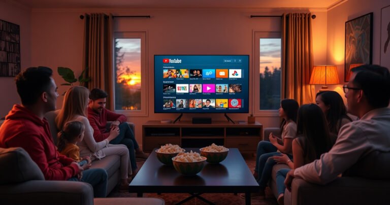 A cozy living room featuring a sleek smart TV displaying the YouTube interface, surrounded by family members on a comfortable couch, popcorn bowls on a coffee table, warm ambient lighting creating a welcoming atmosphere, with a window showing a sunset outside, reflecting a relaxing evening of entertainment and togetherness.