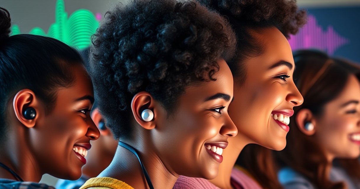 A close-up of a diverse group of people wearing various styles of earbuds, showcasing proper fit and placement. Bright, engaging background with colorful sound waves emanating from the earbuds, conveying comfort and style. Soft lighting highlights the smiles of the wearers, emphasizing the joy of listening to music and the importance of a good fit.