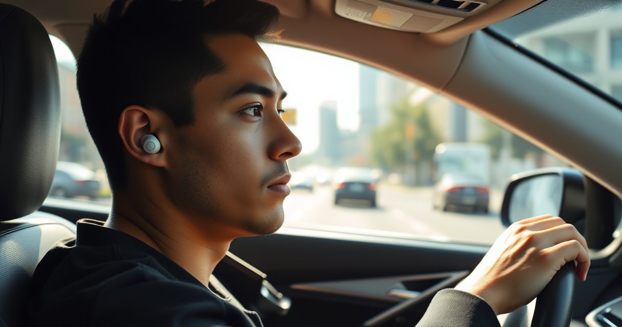 A close-up of a person in a car, one hand on the steering wheel, wearing wireless earbuds. The interior is sleek and modern, sunlight streaming through the windshield. A blurred cityscape is visible outside, with road signs hinting at legal regulations. The expression on the driver’s face reflects focus and contemplation, emphasizing safety and awareness.