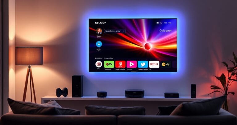 A sleek Sharp TV mounted on a modern wall, glowing with vibrant colors displaying a user-friendly interface. Surrounding it are smart home gadgets like voice assistants and streaming devices, accentuated by soft ambient lighting. The room exudes a contemporary vibe, with a comfortable couch and stylish decor, inviting viewers to explore the future of entertainment technology.