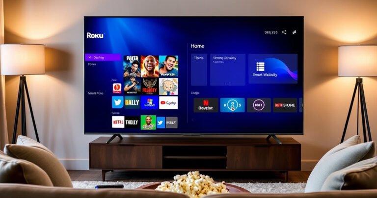 A dynamic split-screen scene showcasing a vibrant Roku interface on one side, featuring colorful app icons and streaming options, contrasted with a sleek Smart TV displaying a modern user interface. In the background, a cozy living room with a stylish sofa, popcorn bowl, and soft lighting, evoking a sense of home entertainment excitement.