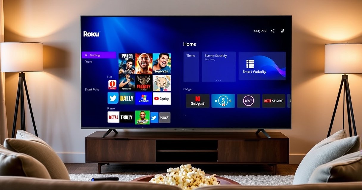 A dynamic split-screen scene showcasing a vibrant Roku interface on one side, featuring colorful app icons and streaming options, contrasted with a sleek Smart TV displaying a modern user interface. In the background, a cozy living room with a stylish sofa, popcorn bowl, and soft lighting, evoking a sense of home entertainment excitement.