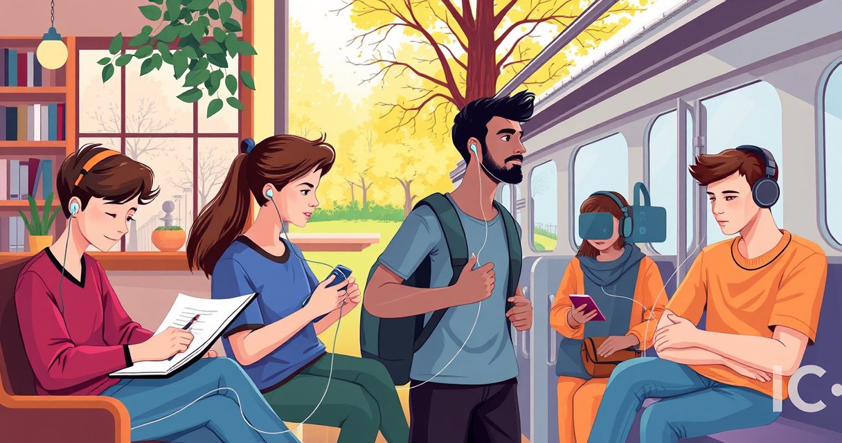 A vibrant scene depicting diverse individuals using earbuds in various settings: a student focused on studying in a cozy café, a jogger enjoying music in a sunlit park, a traveler immersed in a podcast on a bustling train, and a person relaxing at home, all connected by colorful sound waves flowing between them.