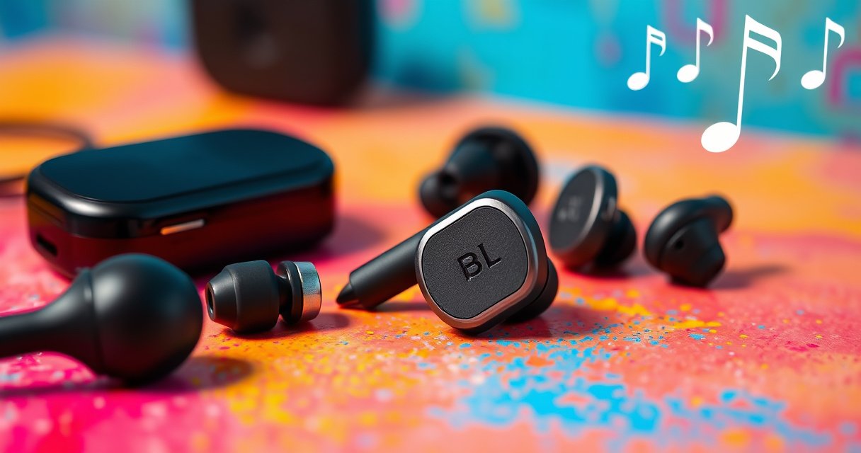 A close-up of a sleek, modern earbud resting on a vibrant, textured surface, surrounded by various types of earbuds like wireless, noise-canceling, and in-ear models. Include sound waves visually emanating from the earbud, and a subtle background featuring musical notes, symbolizing audio clarity and technology. Bright, engaging colors create an inviting atmosphere.