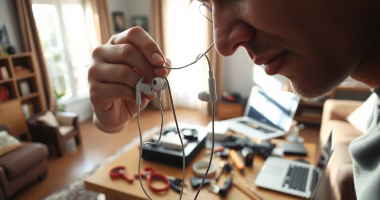 A close-up of a frustrated person in a cozy living room, holding a pair of tangled earbuds, one visibly disconnected. Bright light streams through a window, casting soft shadows on a cluttered coffee table filled with tools and a laptop, creating an atmosphere of DIY problem-solving amidst everyday life.
