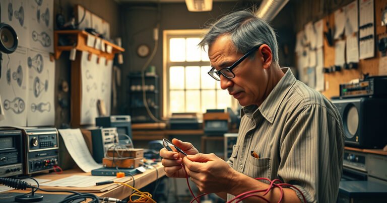 A bustling 1960s workshop filled with sketches of innovative audio devices, a focused inventor with glasses tinkering with a pair of early earbuds, surrounded by colorful wires and vintage audio equipment, warm light streaming through a window, capturing the essence of creativity and passion for sound technology, evoking nostalgia and the birth of modern listening experiences.