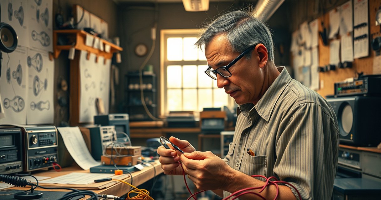 A bustling 1960s workshop filled with sketches of innovative audio devices, a focused inventor with glasses tinkering with a pair of early earbuds, surrounded by colorful wires and vintage audio equipment, warm light streaming through a window, capturing the essence of creativity and passion for sound technology, evoking nostalgia and the birth of modern listening experiences.