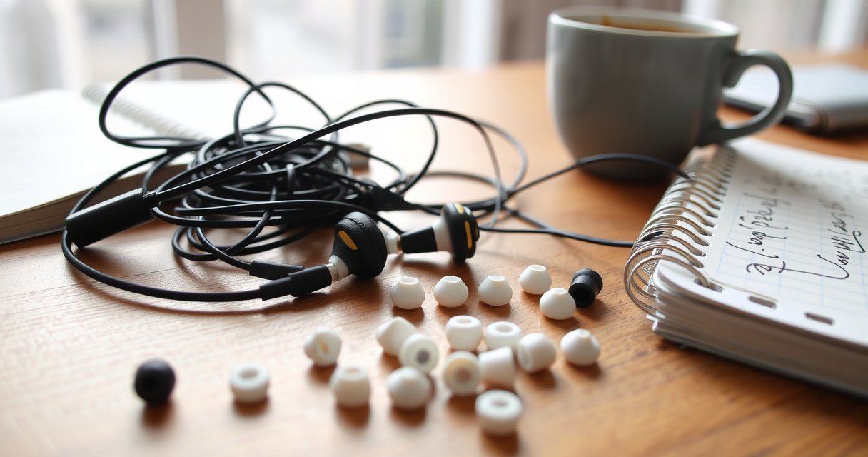 A close-up of a pair of stylish earbuds resting on a wooden table, surrounded by a tangled mess of headphones and scattered ear tips in various sizes. Soft morning light filters through a nearby window, illuminating the scene, while a notebook with scribbled notes and a cup of coffee adds a cozy, relatable touch.