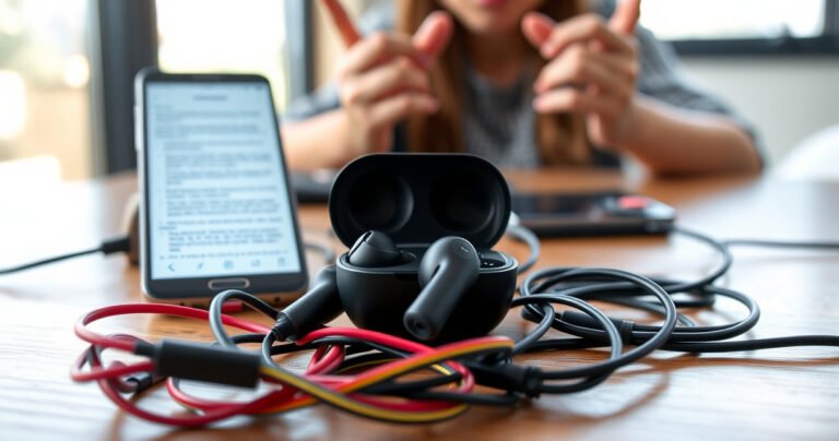 A close-up of sleek wireless earbuds resting on a wooden table, surrounded by a tangle of colorful charging cables and an open smartphone displaying a troubleshooting guide. Soft morning light streams through a nearby window, highlighting the earbuds' glossy finish, while a pair of frustrated hands gestures in the background, adding urgency to the scene.