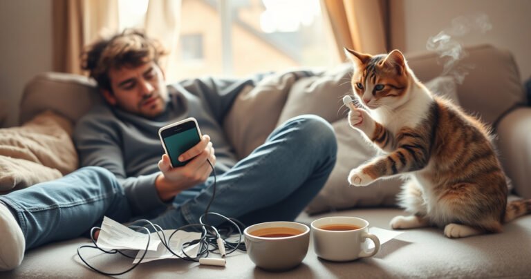 A frustrated person sitting on a cozy couch, surrounded by tangled earbuds and a smartphone displaying a connection error. Soft morning light filters through a window, illuminating crumpled notes with troubleshooting tips. A cup of coffee sits nearby, steam rising, while a playful cat curiously paws at the earbuds, adding a touch of humor to the scene.