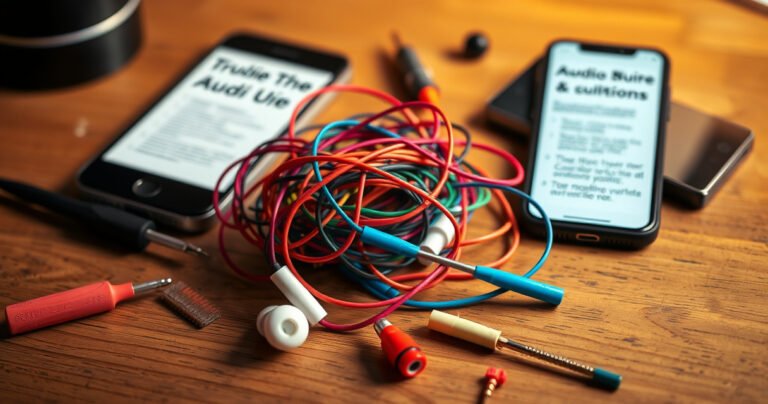 A close-up of colorful, tangled earbuds resting on a wooden table, surrounded by scattered tools like a tiny screwdriver, cleaning brush, and a smartphone displaying a troubleshooting guide, illuminated by soft, warm light, evoking an atmosphere of both frustration and hope, inviting readers to explore solutions for their audio woes.