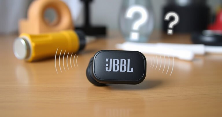 A close-up of a sleek black JBL earbud resting on a wooden table, with sound waves illustrated softly around it, symbolizing sound issues. In the background, blurred tools like a screwdriver and cotton swabs hint at DIY fixes, while an abstract question mark looms faintly, representing the mystery of quiet sound.