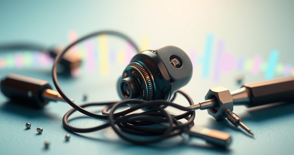 A close-up of a single, disassembled earbud surrounded by colorful sound waves, tangled wires, and tiny tools like a screwdriver and tweezers. The background is a soft gradient of blues and greens, evoking a sense of technology and troubleshooting, while the earbud glimmers with intricate details, highlighting its inner components and mystery.