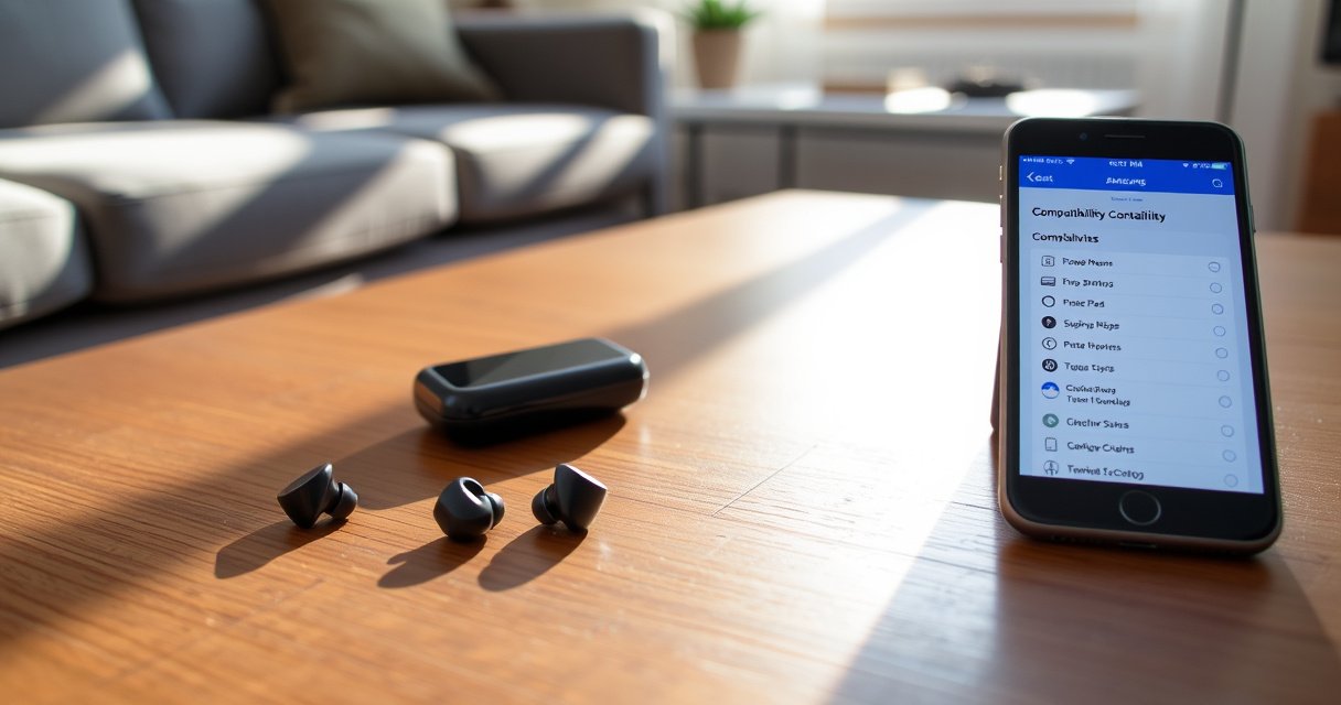 A sleek pair of Samsung earbuds resting on a polished wooden table, with an iPhone beside them displaying a compatibility checklist on the screen. Soft morning light filters through a nearby window, casting gentle shadows, while a cozy, modern living room setting envelops the scene, hinting at a seamless blend of technology and lifestyle.