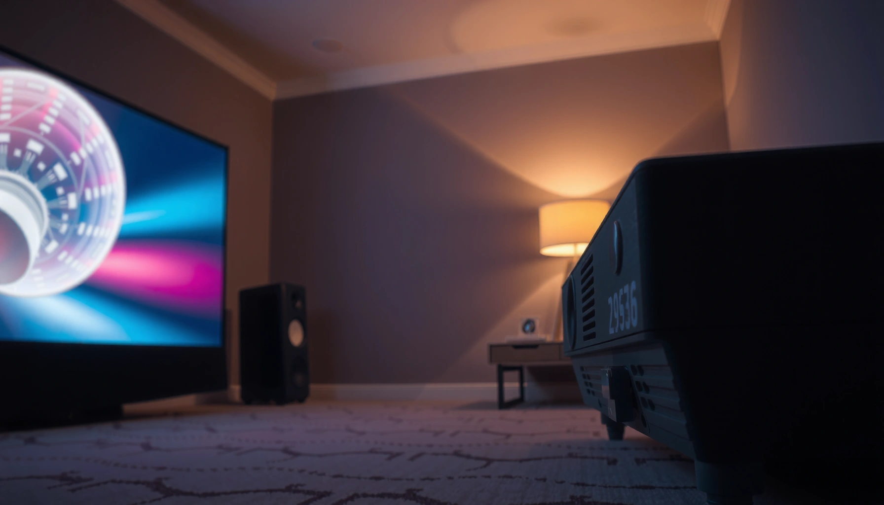 A person adjusting the keystone settings on a projector for proper image shape.