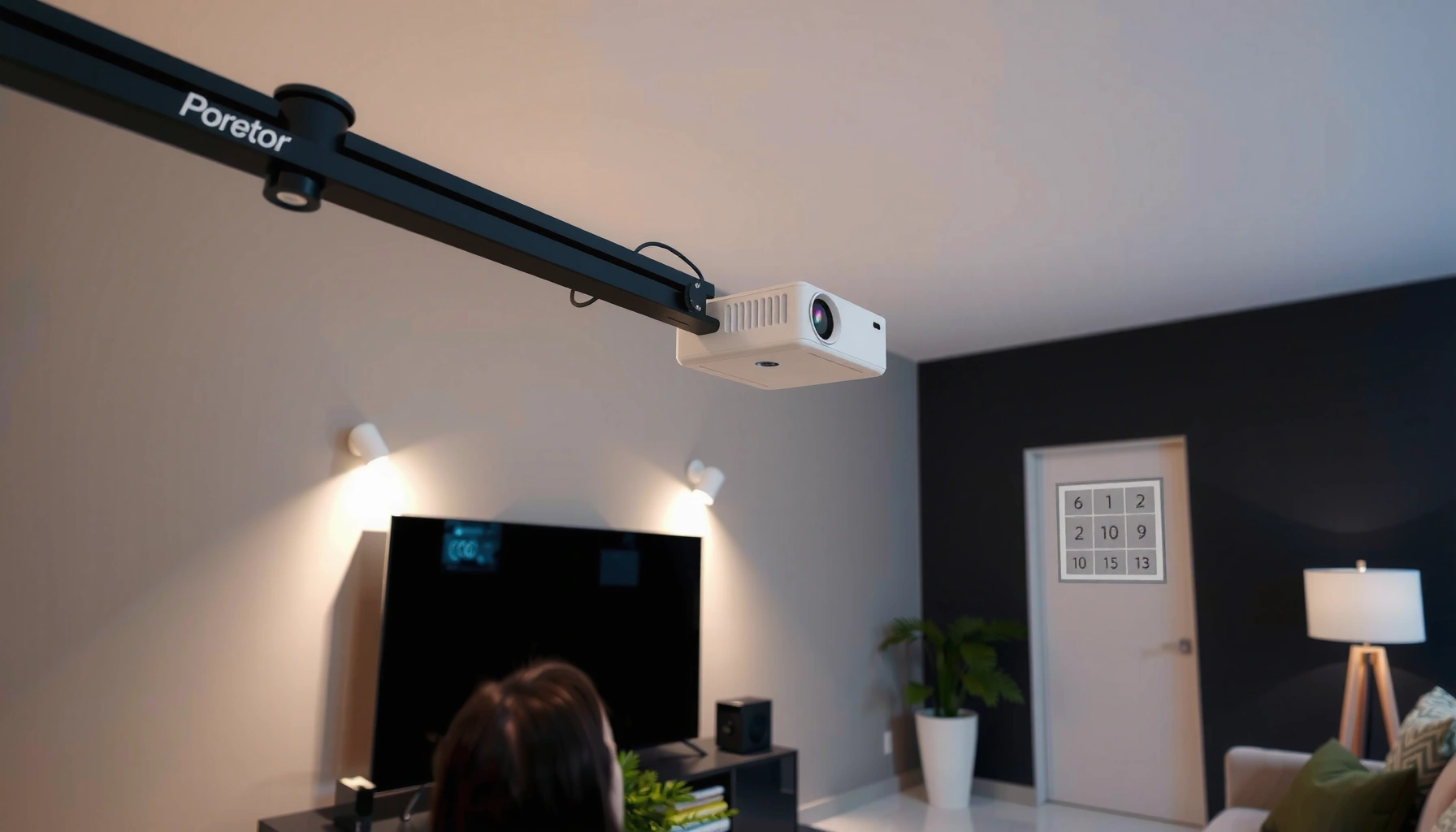 A person adjusting the angle of a projector for a clear, level image on a screen.