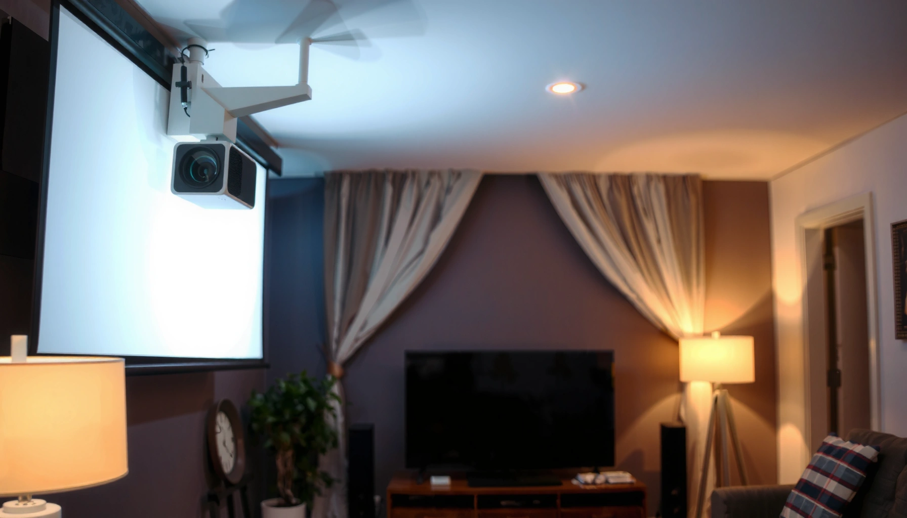 A person adjusting the angle of a projector screen for optimal image clarity.
