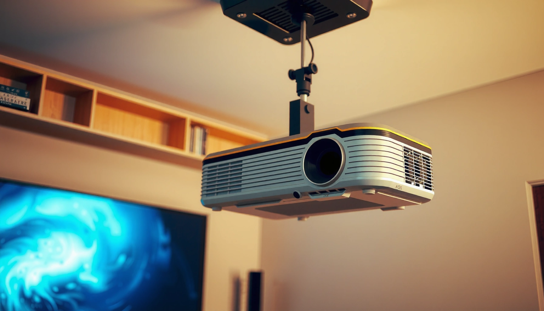 A person adjusting the tilt of a projector for a clear, level image on a screen.