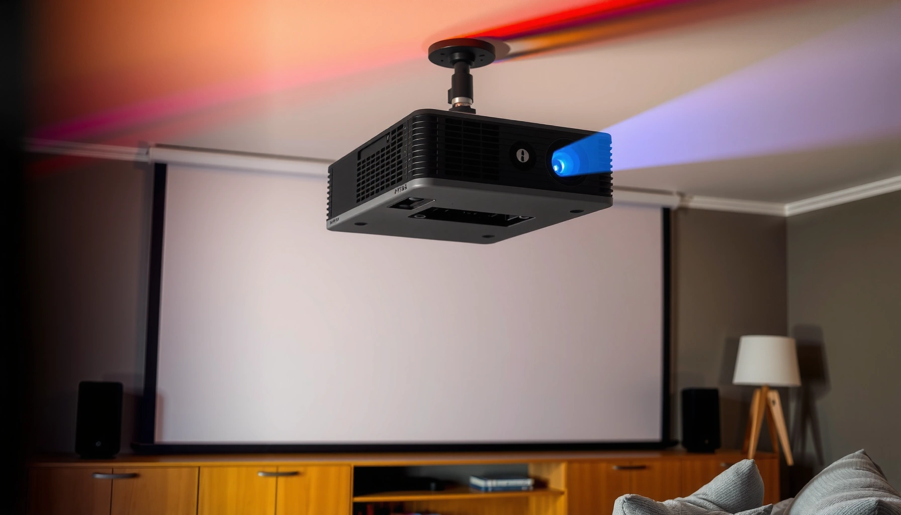 A projector angled downwards to improve screen image clarity and quality.