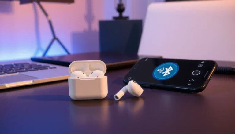 Apple earbuds connected to an Android phone, showcasing compatibility features.