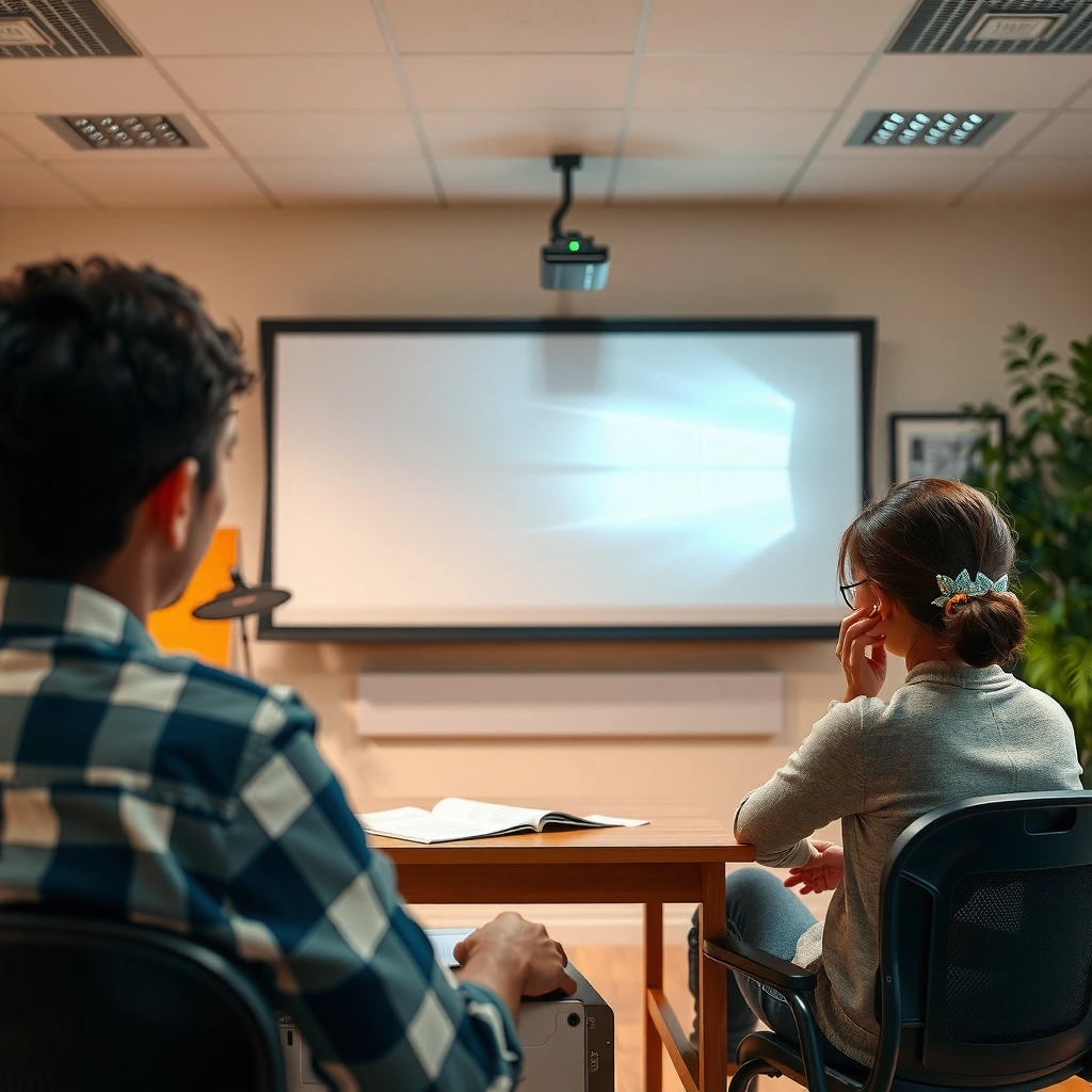 Checklist for assessing classroom needs including room size, seating arrangement, and content type for projector selection.