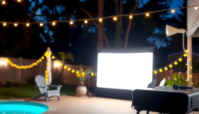 A backyard projector setup demonstrating optimal lumens for outdoor viewing.