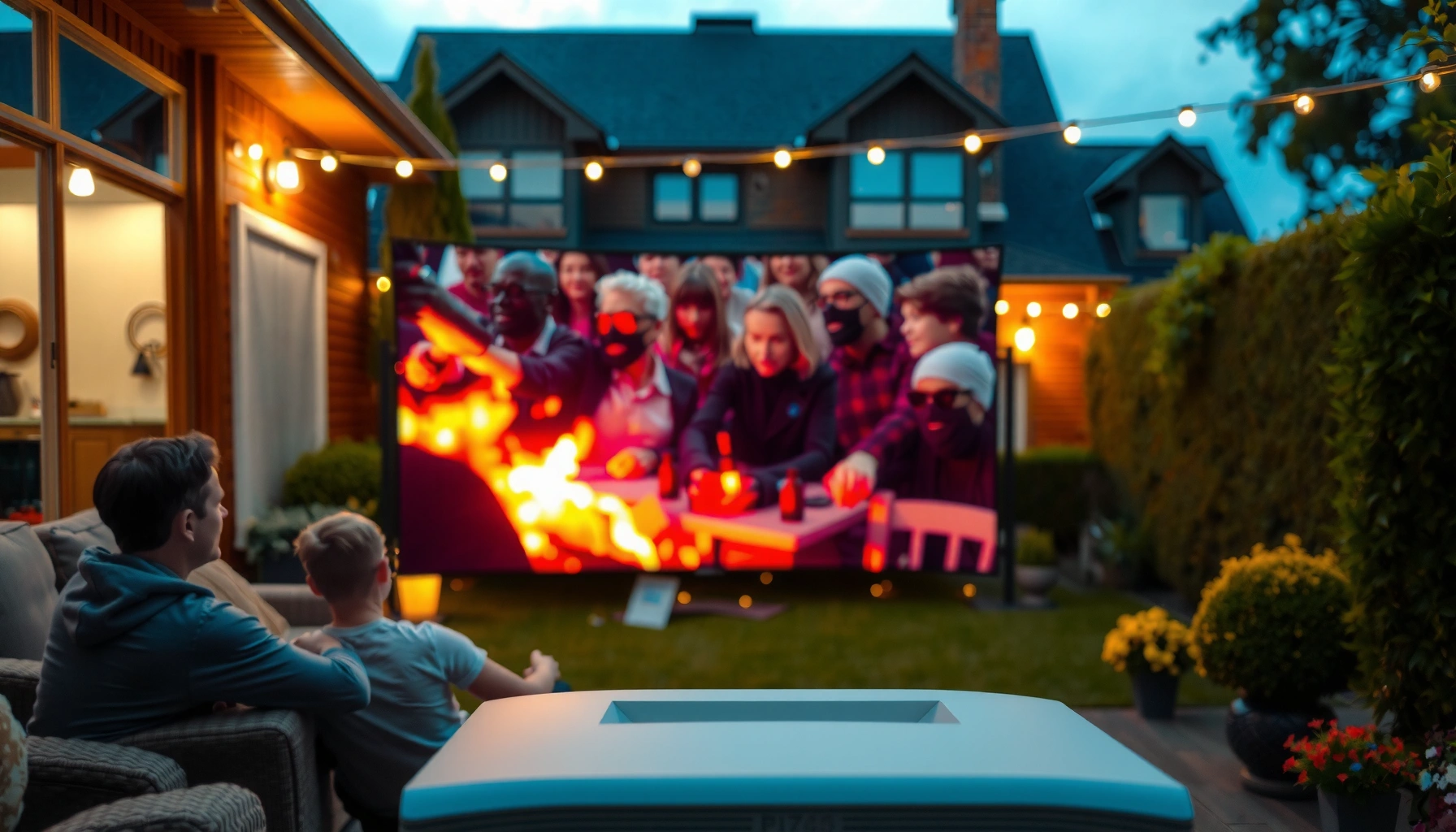 Infographic showing how many lumens are needed for a backyard projector based on screen size and distance.