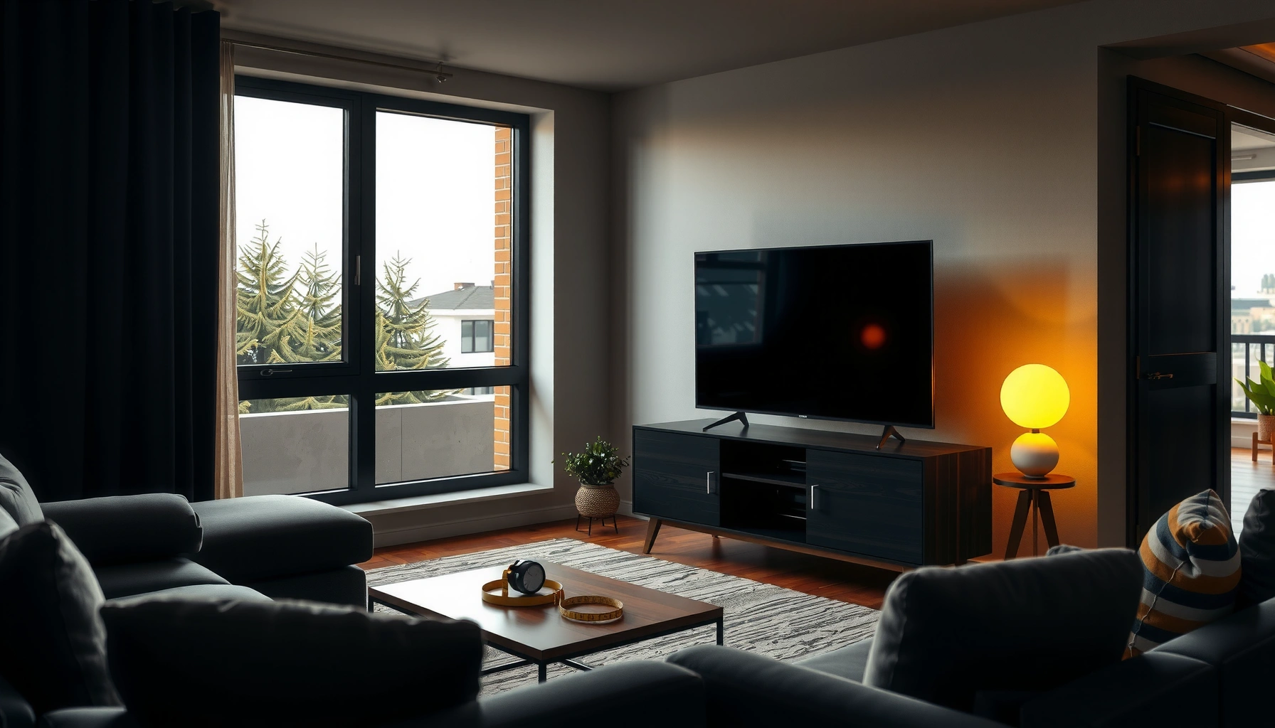 A person measuring a living room to determine the best size TV for their space.