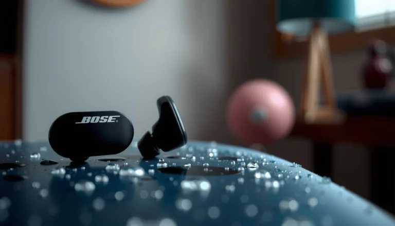 Close-up of Bose Sports Earbuds showcasing their waterproof features and design.