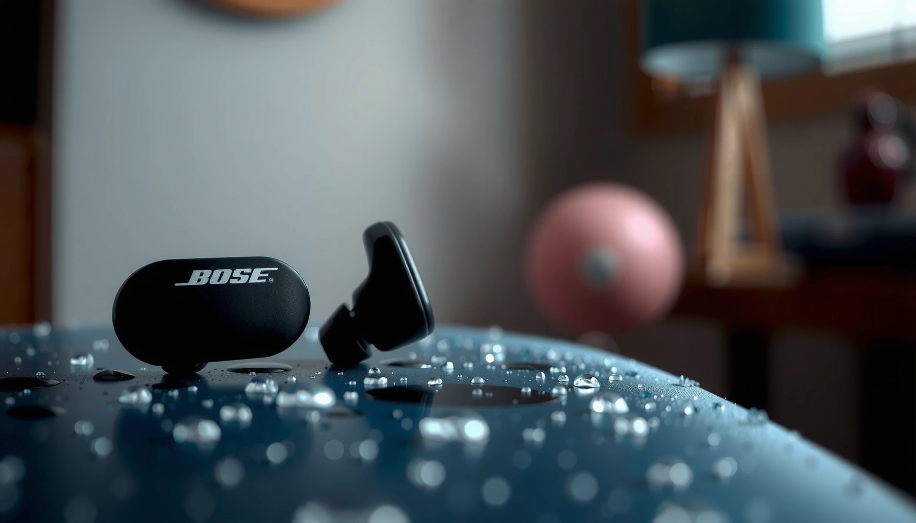 Close-up of Bose Sports Earbuds showcasing their waterproof features and design.