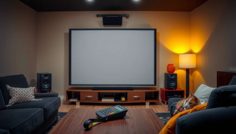 Illustration showing how to calculate projector screen size and distance for optimal viewing experience.