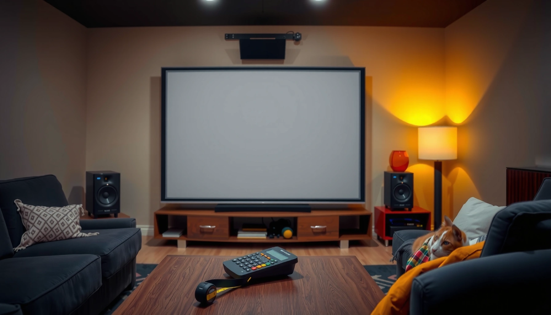 Illustration showing how to calculate projector screen size and distance for optimal viewing experience.