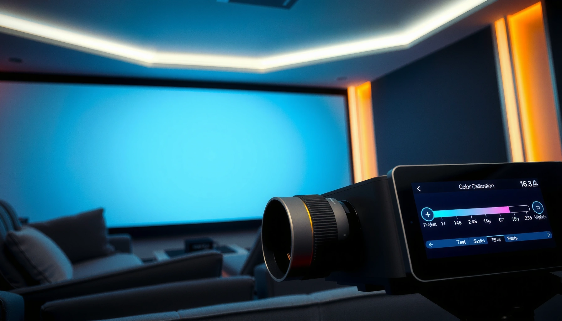 A technician calibrating projector color settings for accurate and consistent image quality.
