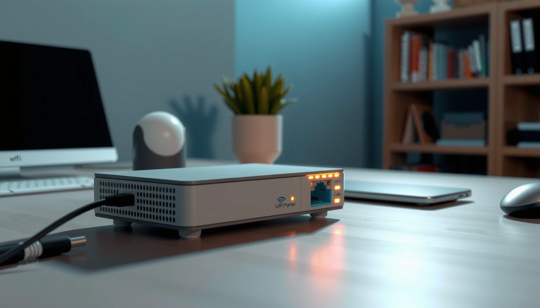 Image showing a card cable, modem, and Wi-Fi router for internet connectivity.