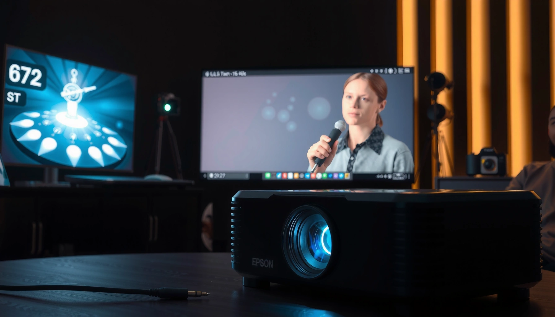 Step-by-step guide on changing audio output settings on an Epson projector.